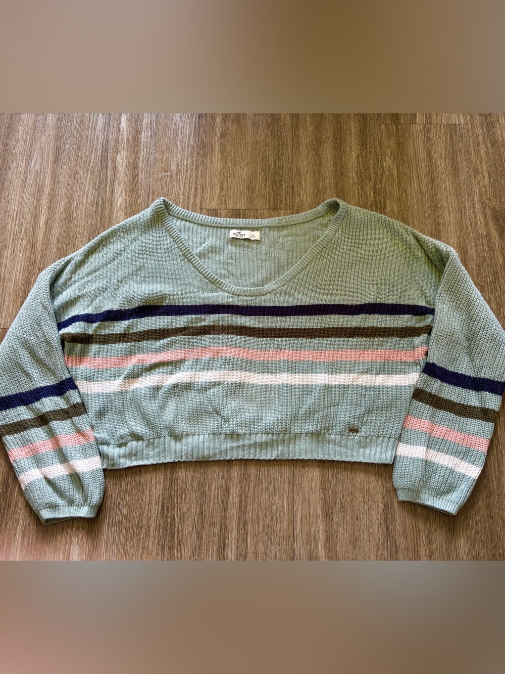 Hollister Blue Crewneck Cropped Sweater with Navy, Brown, Pink & White Stripes
